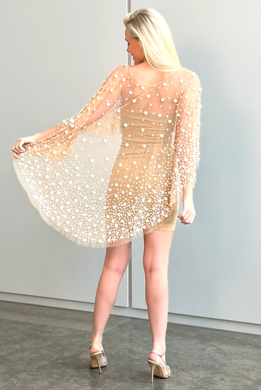 Custom couture beaded cape midi made to order featuring mother of pearl button details amazing to wear on top of a short - long dress or a jumpsuit