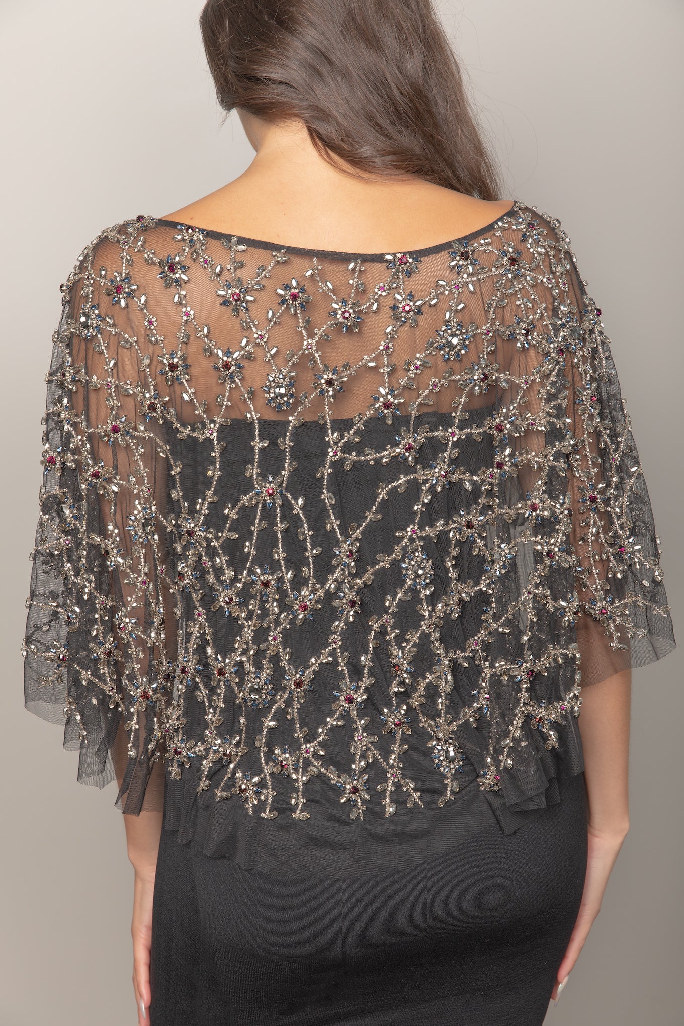 Custom couture beaded cape mini made to order with crystal beading showing the back length