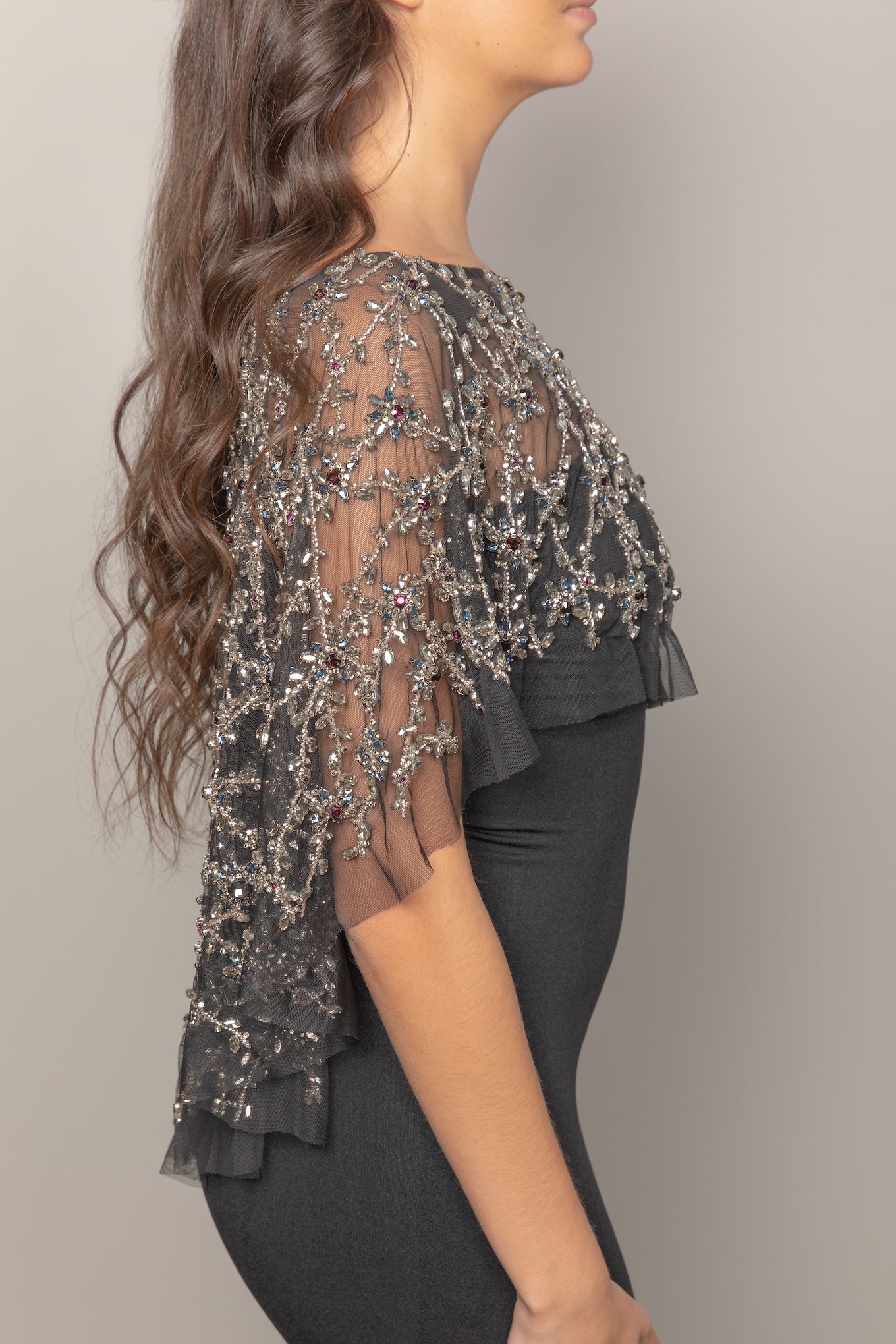 Custom couture beaded cape mini made to order with crystal beading showing the side  