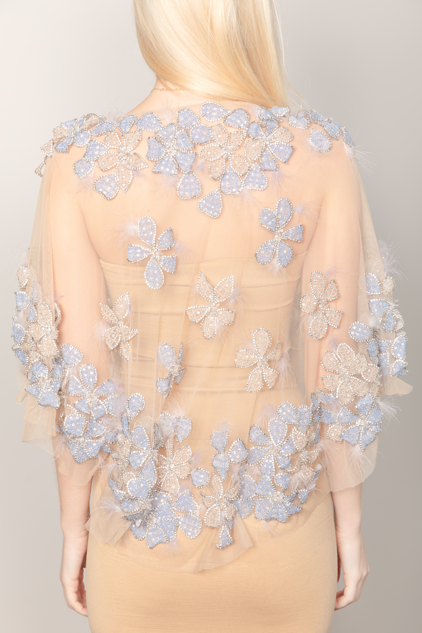 Custom couture beaded cape mini made to order featuring bleu and pastel crystal beading with little feather details showing the back length