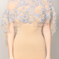 Custom couture beaded cape mini made to order featuring bleu and pastel crystal beading with little feather details showing the front length